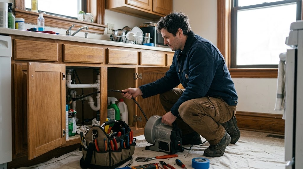Professional electric drain cleaning cable clearing kitchen sink line in Hunts Point, Bronx