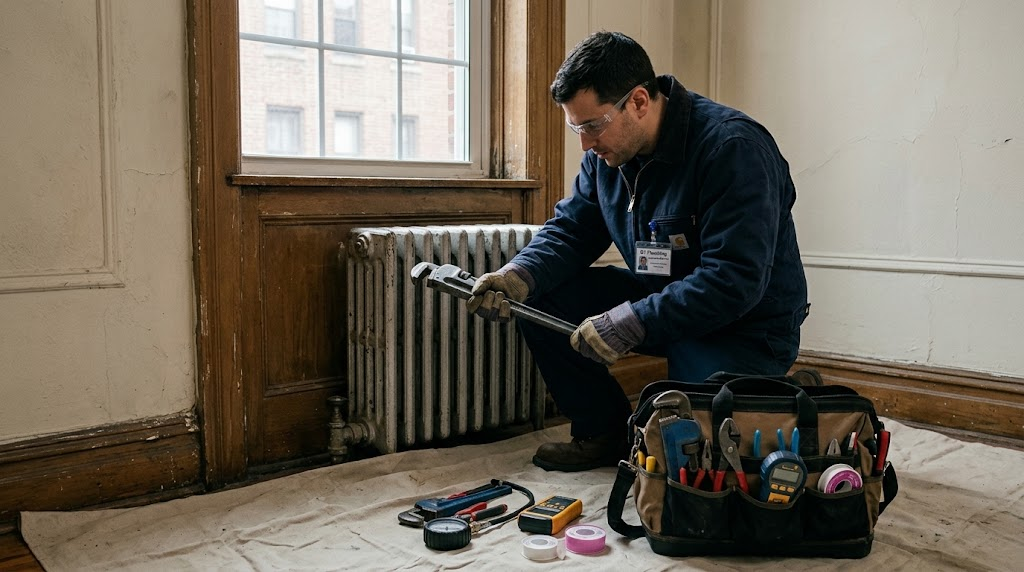 Cast iron steam radiator repair and valve replacement in Hunts Point, Bronx